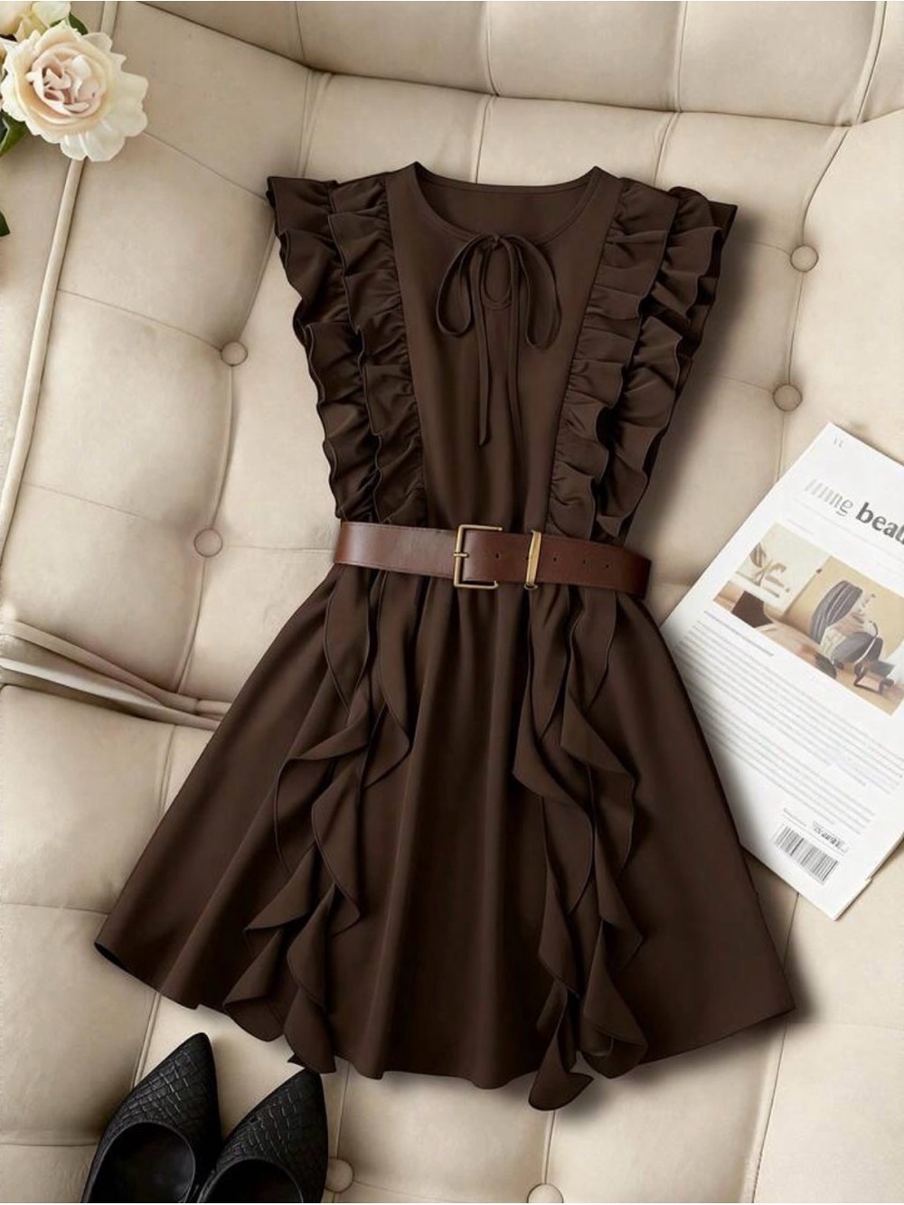Ruffled Sleeveless Mini Dress Chocolate Brown (Belt not Included) - Picture 3 of 3